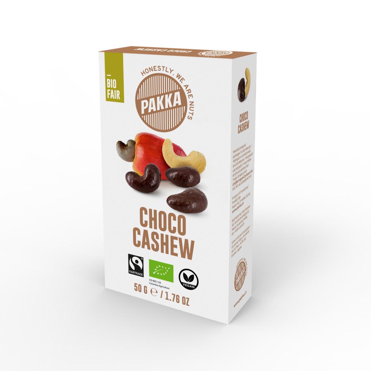 Schoko Cashews, bio und fair, 50g La noix de cajou de Pakka utilisé pour fabriquer ce produit exceptionnel est enrobée avec l'uniqe chocolat bio Equiori, élaboré à partir d'une sélection exclusive de cacao Colombien.