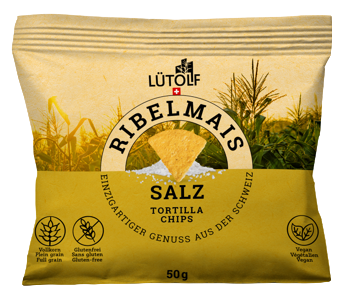 Tortilla chips with salt 50g LÜTOLF Ribelmais Tortilla Chips are made using the original Mexican method from whole maize kernels and contain important dietary fiber.  The salt variety contains only 3 ingredients. The main ingredient is 100% Swiss Ribelmais. The entire value creation takes place in Eastern Switzerland.
