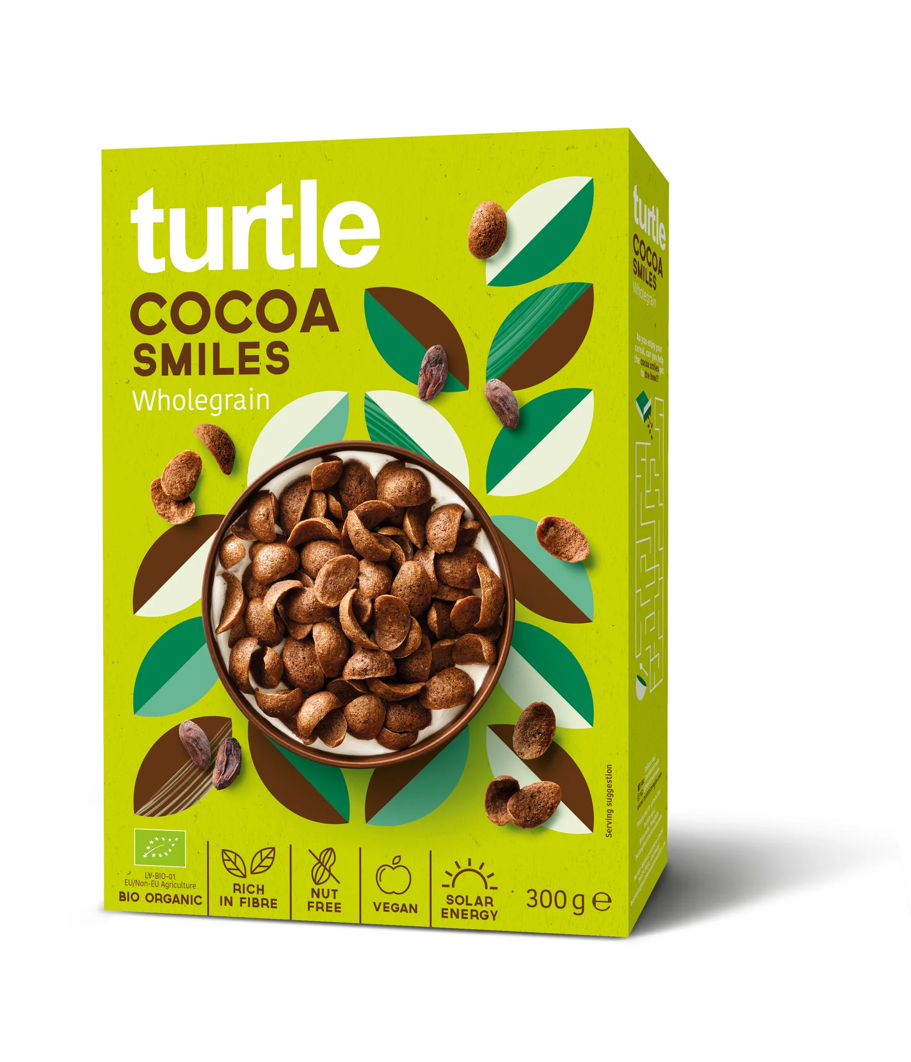 Turtle - Cacao smiles Breakfast cereals, organic cacao smiles, gluten free.