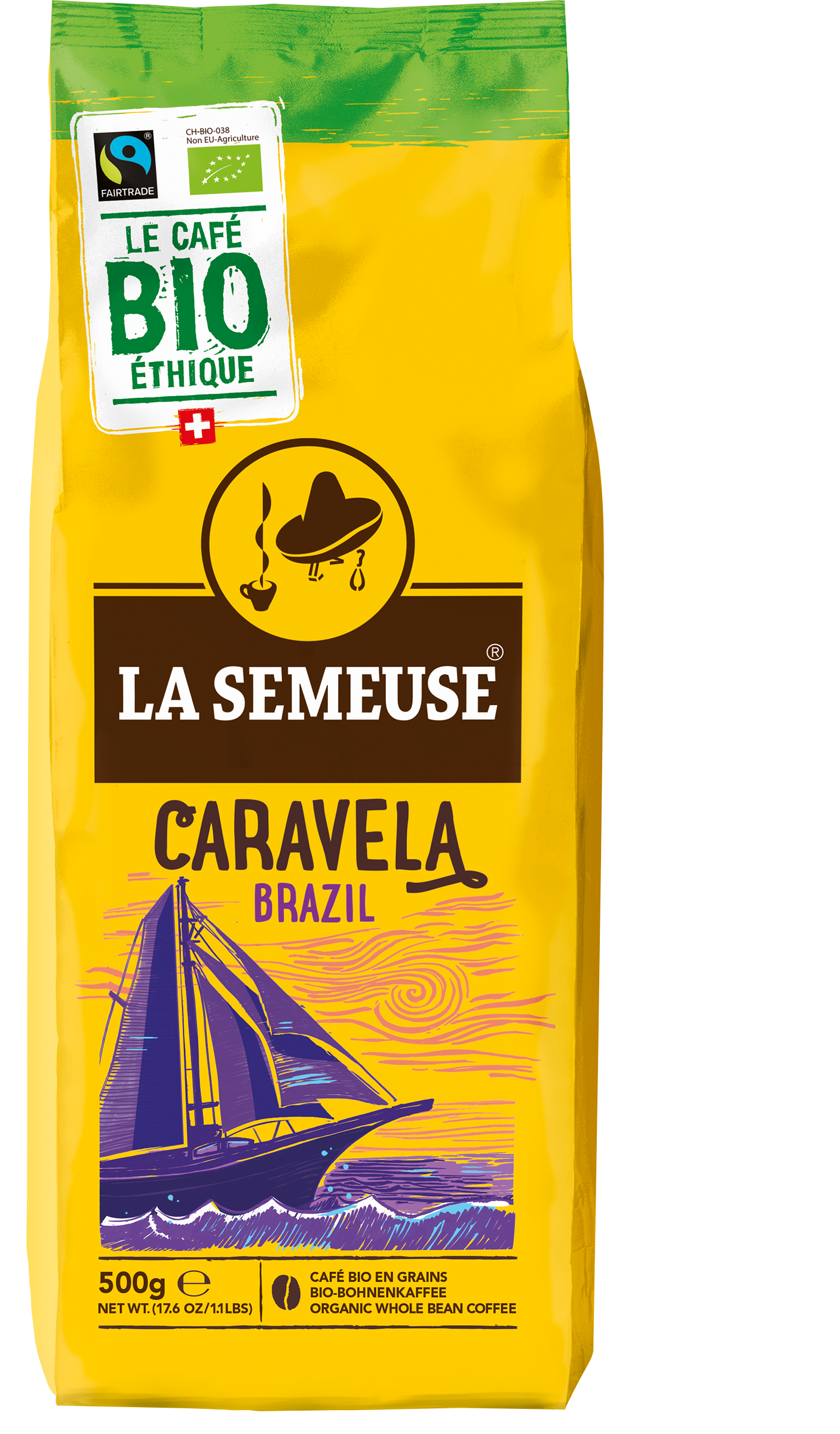 CARAVELA BRESIL BIO GRAINS 500g The Coorpol cooperative is one of the few plantations to promote organic coffee growing in Brazil. This hand-harvested coffee in Brazil takes its name from the caravel sailing ships of the 15th century. It is transported by sail from the South American continent using a carbon-free mode of transport. Notes of milk chocolate, cherry and sugar cane.