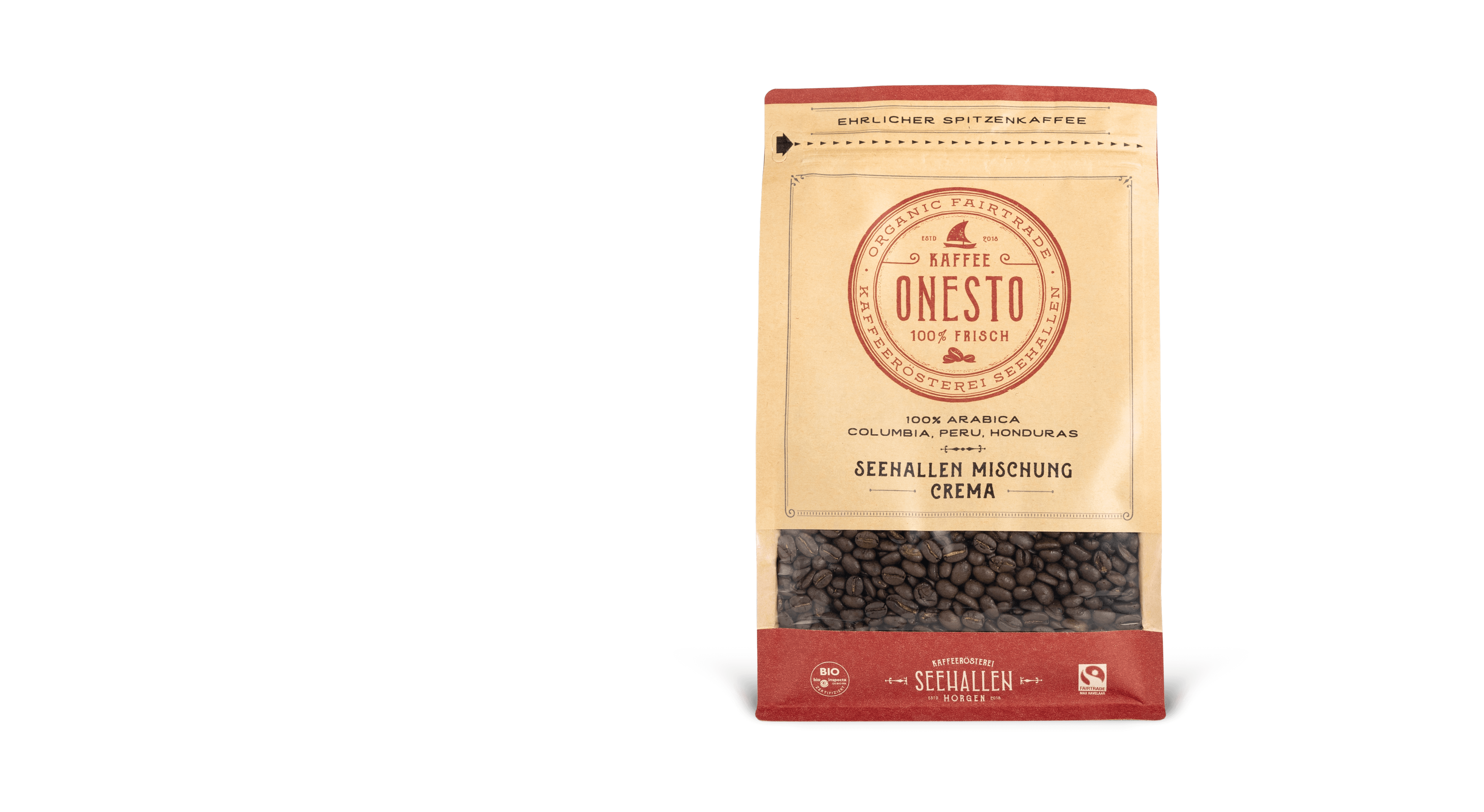 ONESTO Seehallen Mischung 500g Ehrlicher Spitzenkaffee. Bio- und Fairtrade-doppelzertifiziert und in der Schweiz klimaneutral geröstet.