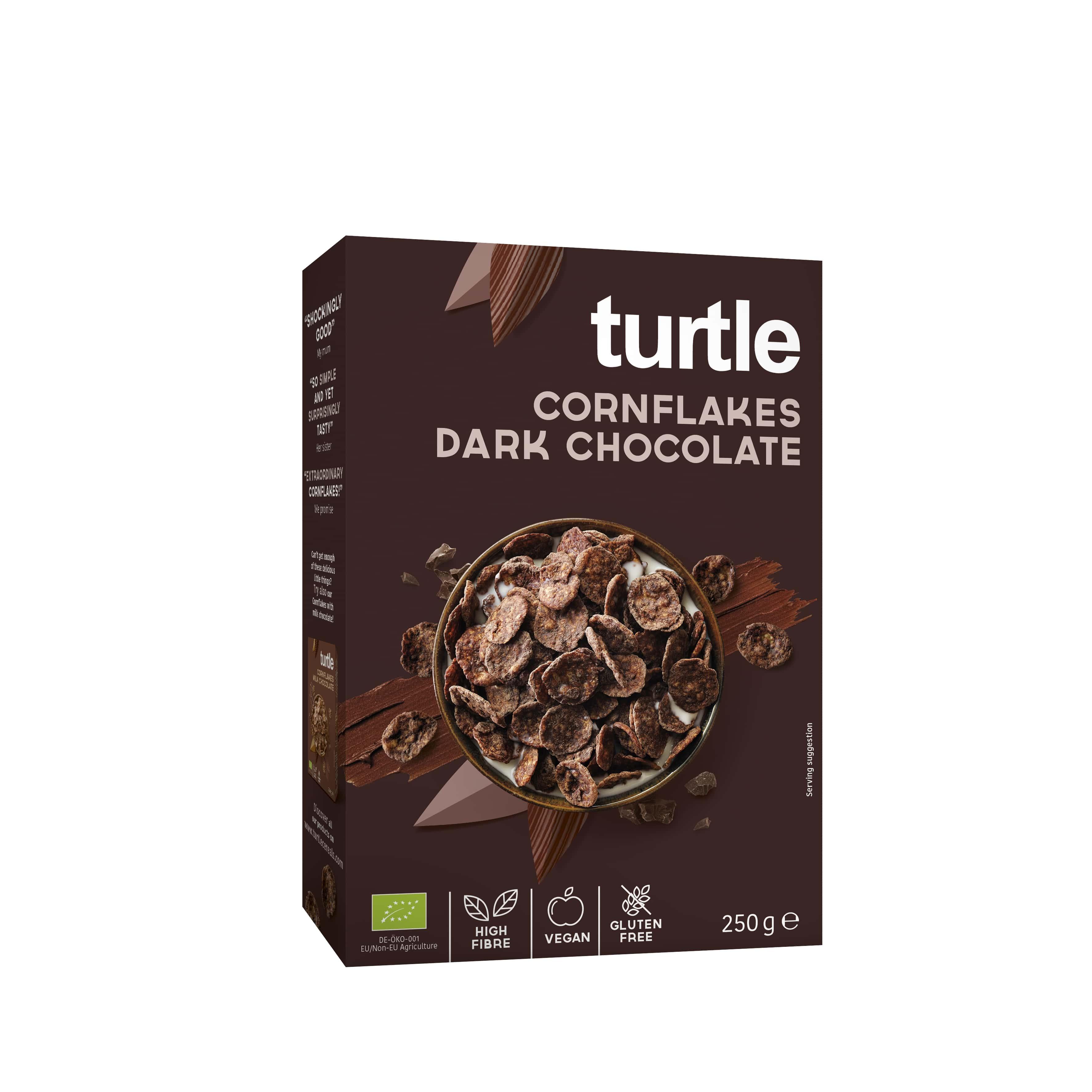 Cornflakes Dark Chocolate bio Turtle - Cornflakes - Dark Chocolate: just cornflakes, dark chocolate and nothing else. These little flakes will make you want to eat breakfast all day long, plus they are vegan, organic and gluten free. If you are nostalgic for your favorite childhood cereal but are looking for a cleaner alternative, this is what you need to try!