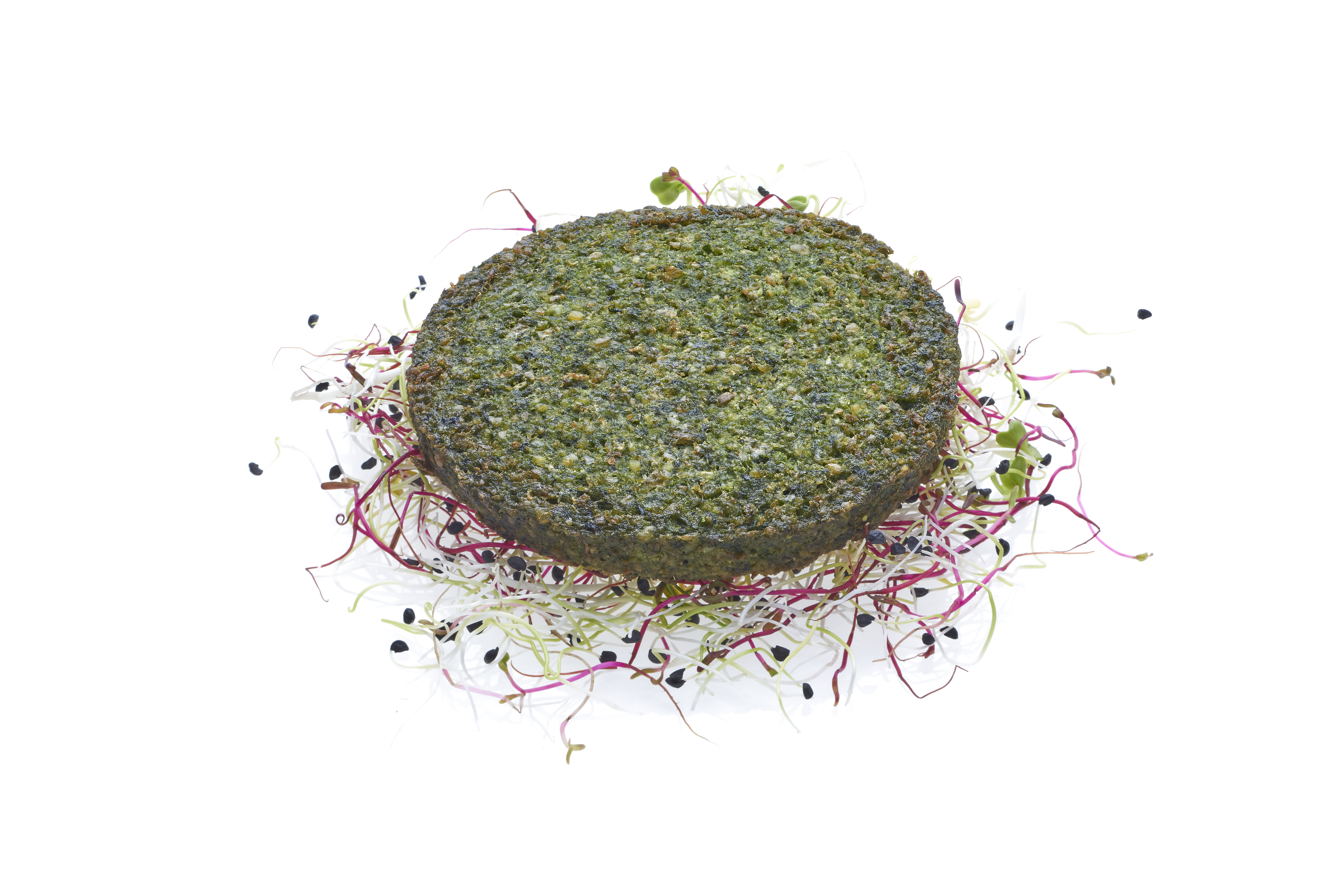 Burger Spinach 100g (Ø 10,5 cm), 60 x 100g Burger végétalien et sans gluten à base de pois chiches et d'épinards suisses frais. Sans allergènes, agents aromatisants et colorants - pré-frits - surgelé